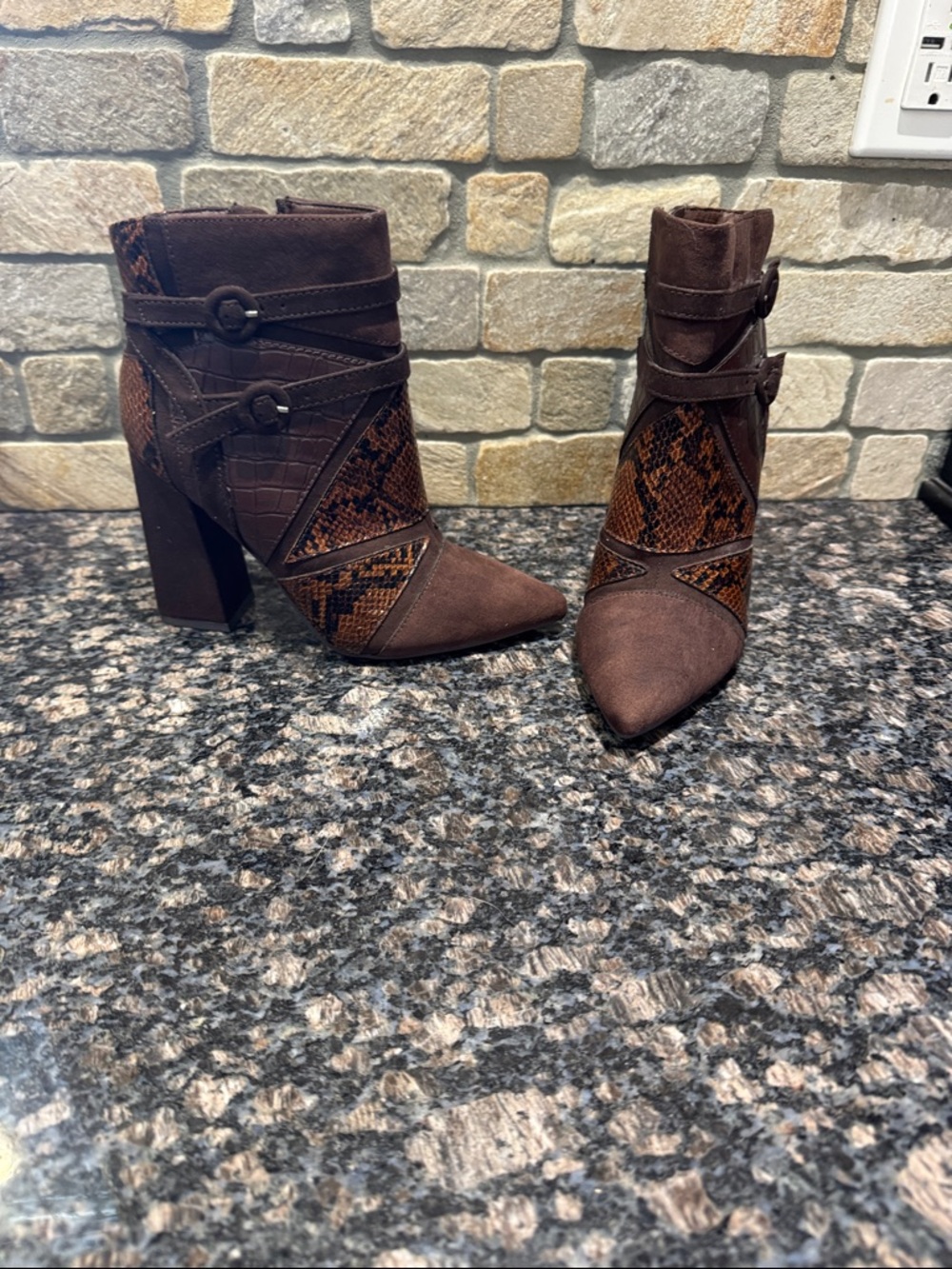 Brown Snake-Print Pointed Toe Ankle Boots with Wrap Straps